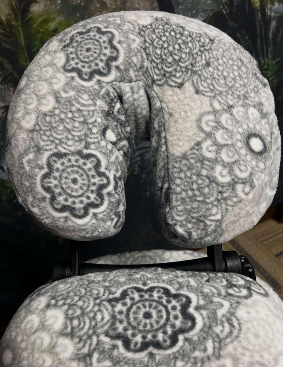 massage chair fleece slipcovers on an Oakworks Portal Pro 3 in black, grey and white mandalas on face cradle closeup